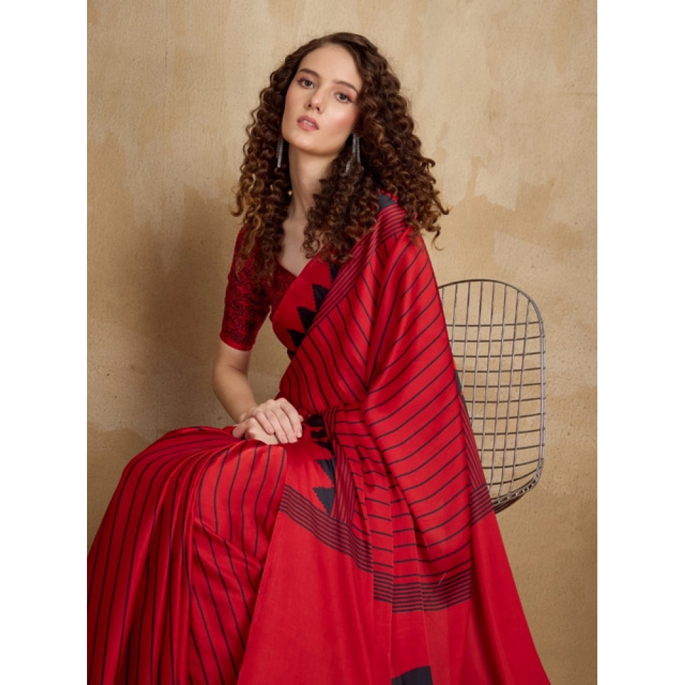 Generic Women's Satin Crepe Printed Saree With Unstitched Blouse 5.5Mtr (Red) - Image 2