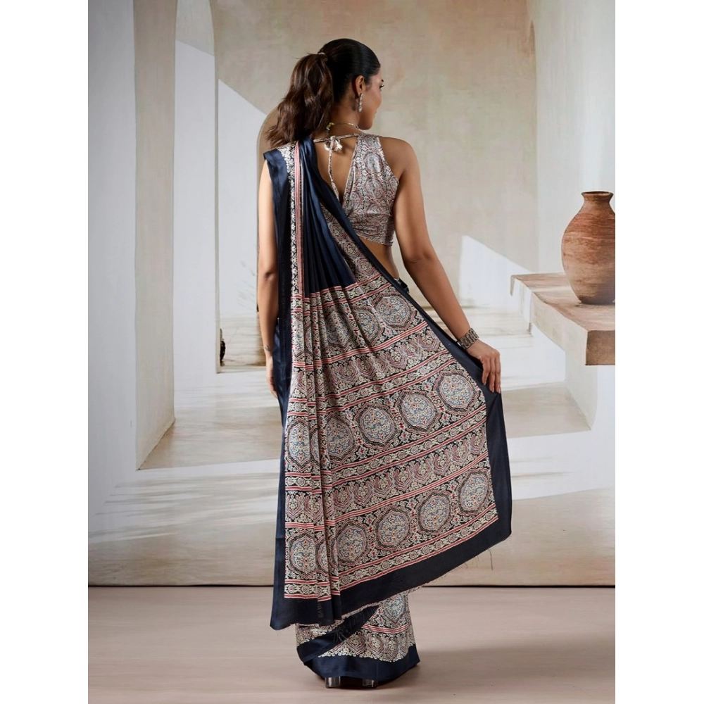 Generic Women's Satin Crepe Printed Saree With Unstitched Blouse 5.5Mtr (Navy Blue) - Image 4