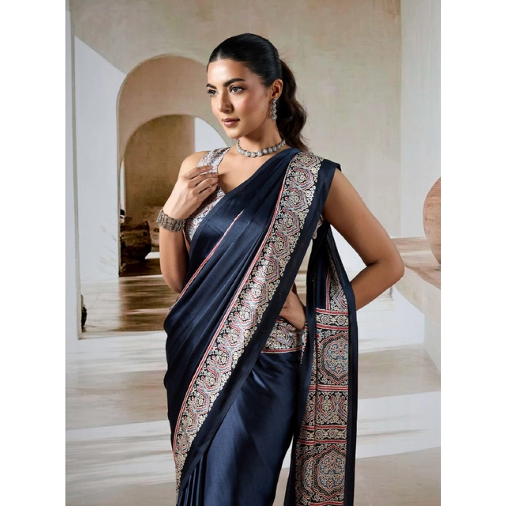 Generic Women's Satin Crepe Printed Saree With Unstitched Blouse 5.5Mtr (Navy Blue) - Image 3