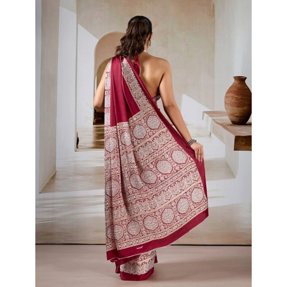 Generic Women's Satin Crepe Printed Saree With Unstitched Blouse 5.5Mtr (Maroon) - Image 4
