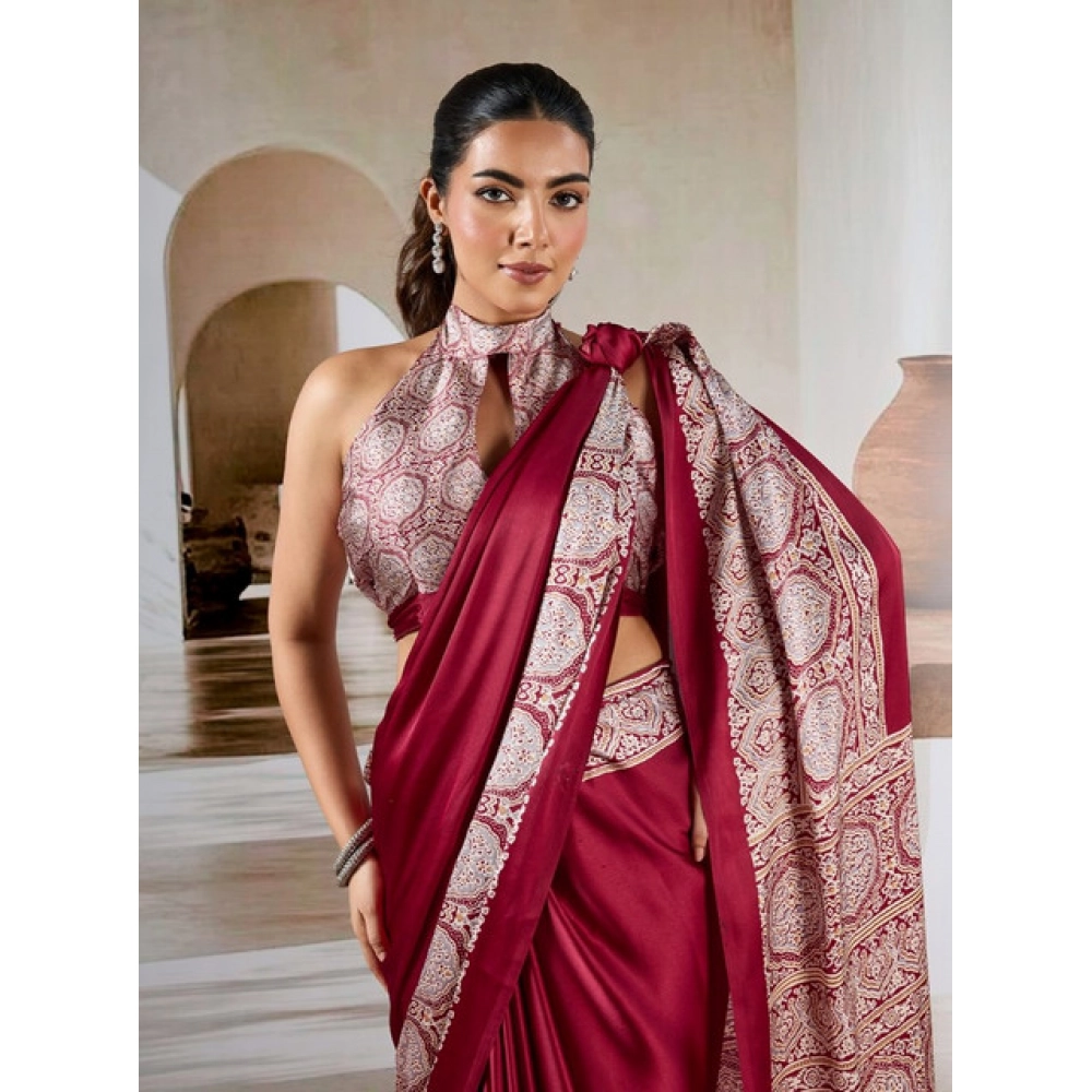Generic Women's Satin Crepe Printed Saree With Unstitched Blouse 5.5Mtr (Maroon) - Image 3