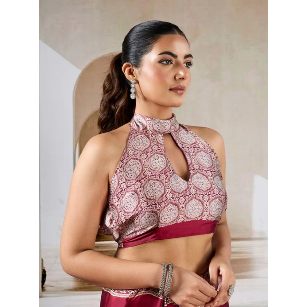 Generic Women's Satin Crepe Printed Saree With Unstitched Blouse 5.5Mtr (Maroon) - Image 2