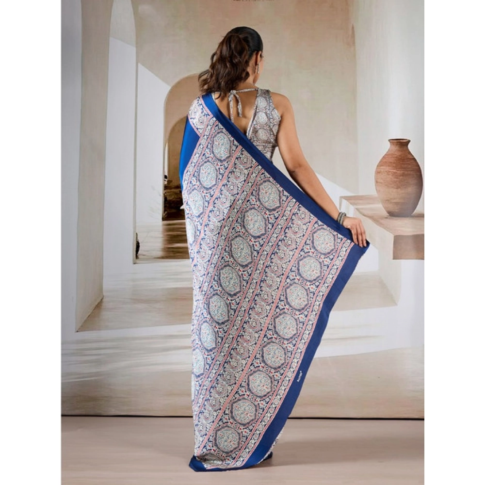 Generic Women's Satin Crepe Printed Saree With Unstitched Blouse 5.5Mtr (Blue) - Image 4