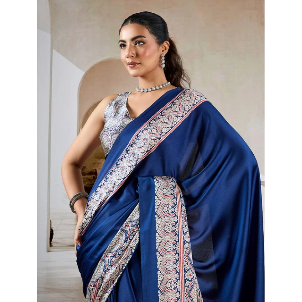 Generic Women's Satin Crepe Printed Saree With Unstitched Blouse 5.5Mtr (Blue) - Image 3