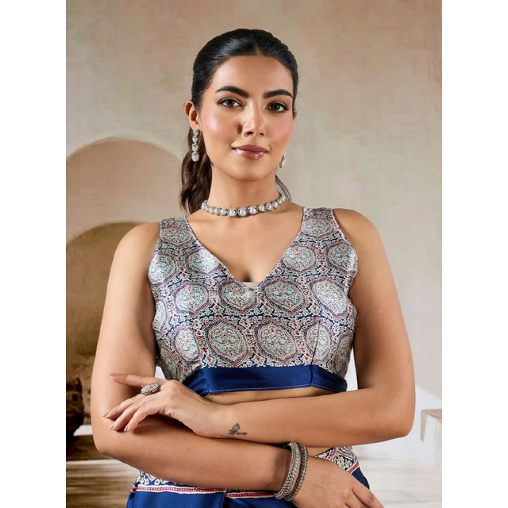 Generic Women's Satin Crepe Printed Saree With Unstitched Blouse 5.5Mtr (Blue) - Image 2