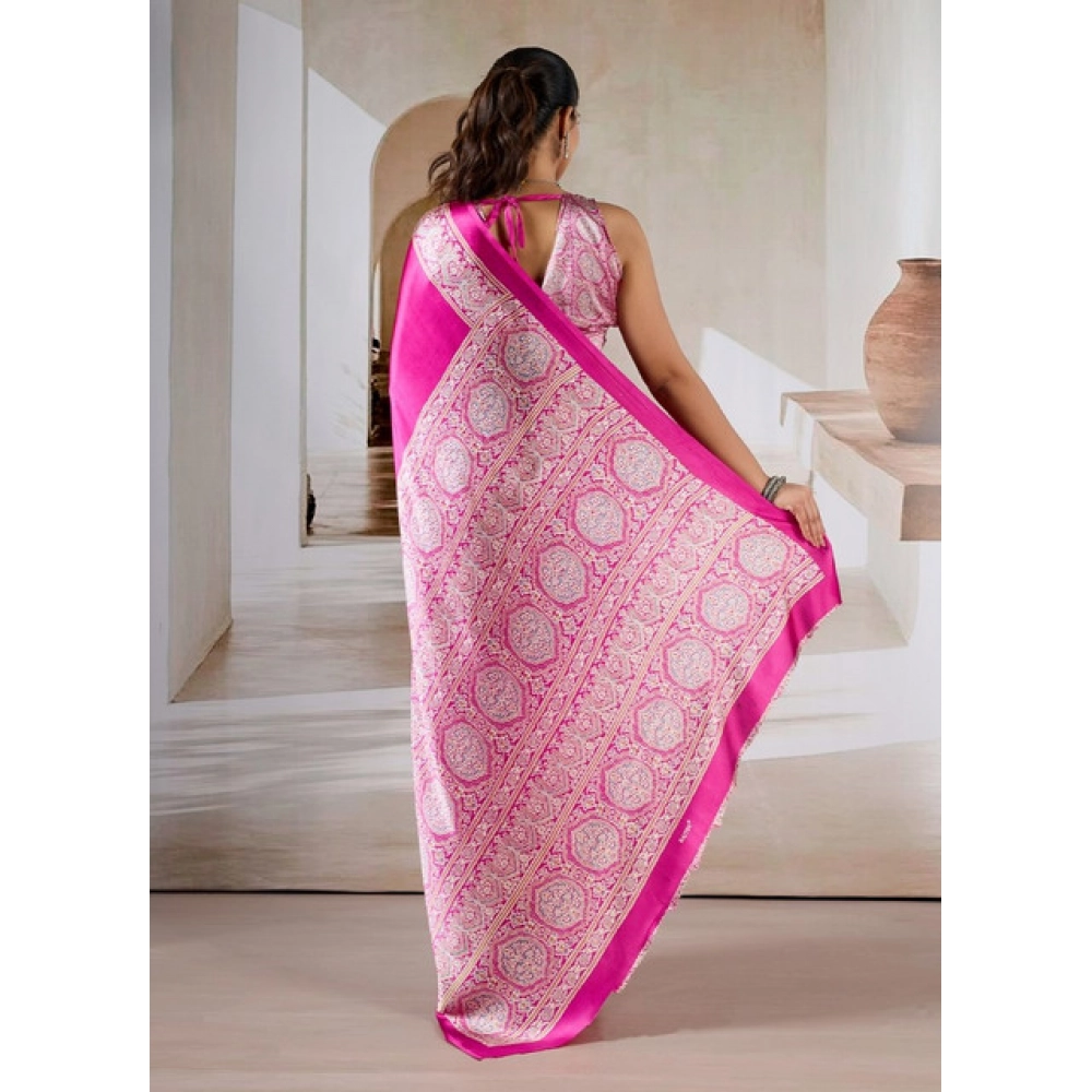 Generic Women's Satin Crepe Printed Saree With Unstitched Blouse 5.5Mtr (Pink) - Image 4