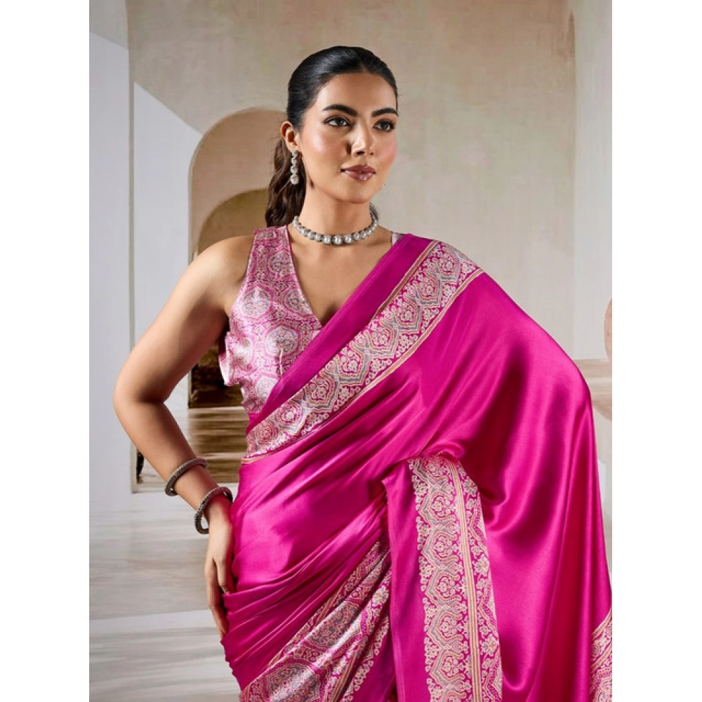 Generic Women's Satin Crepe Printed Saree With Unstitched Blouse 5.5Mtr (Pink) - Image 3