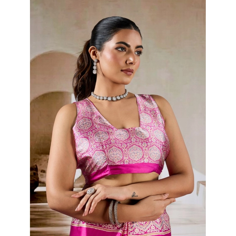 Generic Women's Satin Crepe Printed Saree With Unstitched Blouse 5.5Mtr (Pink) - Image 2