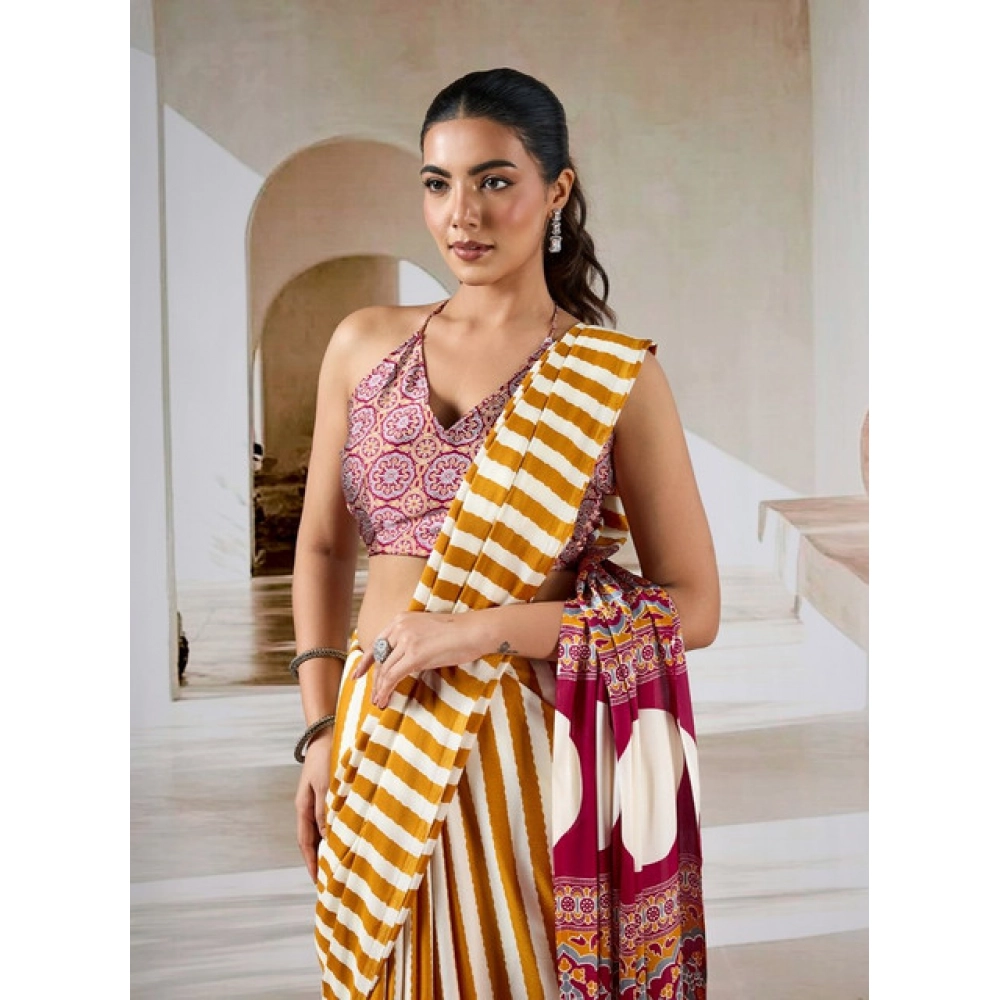 Generic Women's Satin Crepe Printed Saree With Unstitched Blouse 5.5Mtr (Mustard) - Image 3