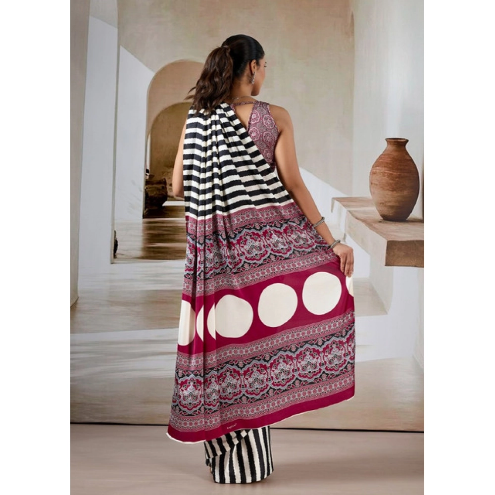 Generic Women's Satin Crepe Printed Saree With Unstitched Blouse 5.5Mtr (Black) - Image 4