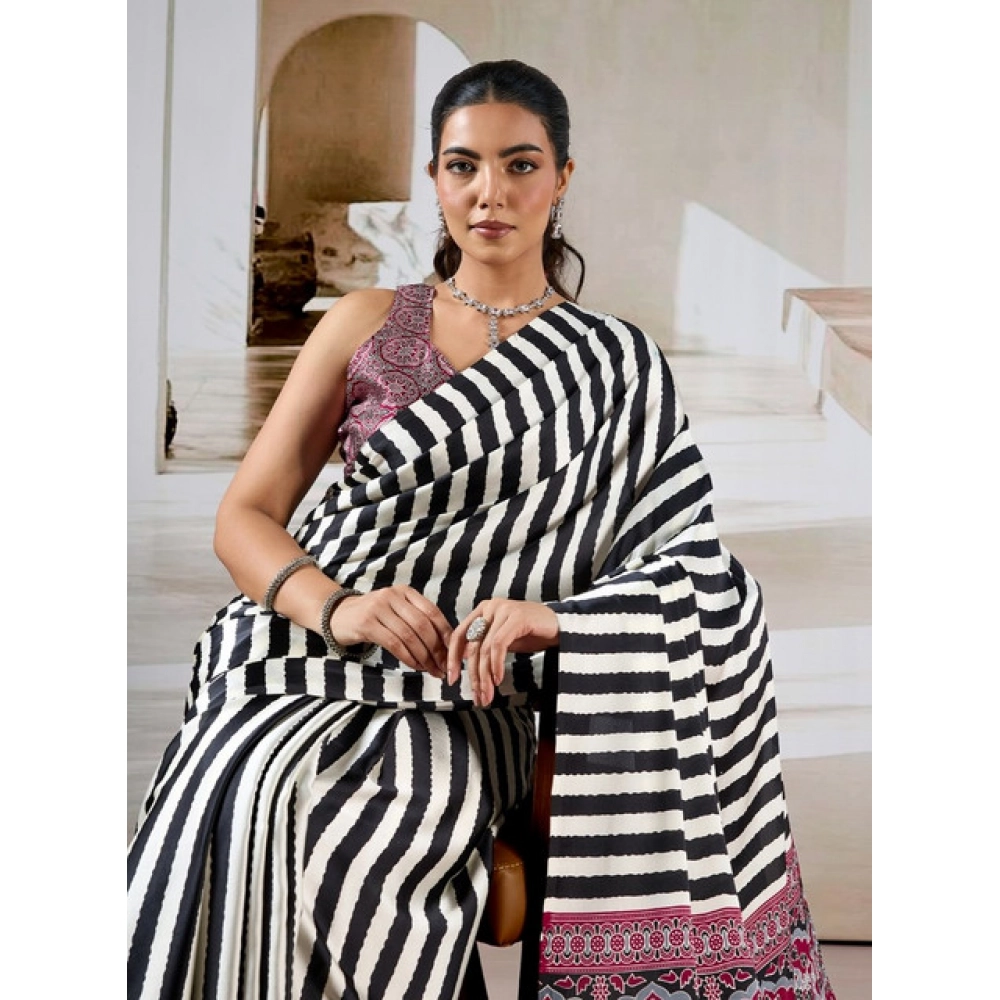 Generic Women's Satin Crepe Printed Saree With Unstitched Blouse 5.5Mtr (Black) - Image 3