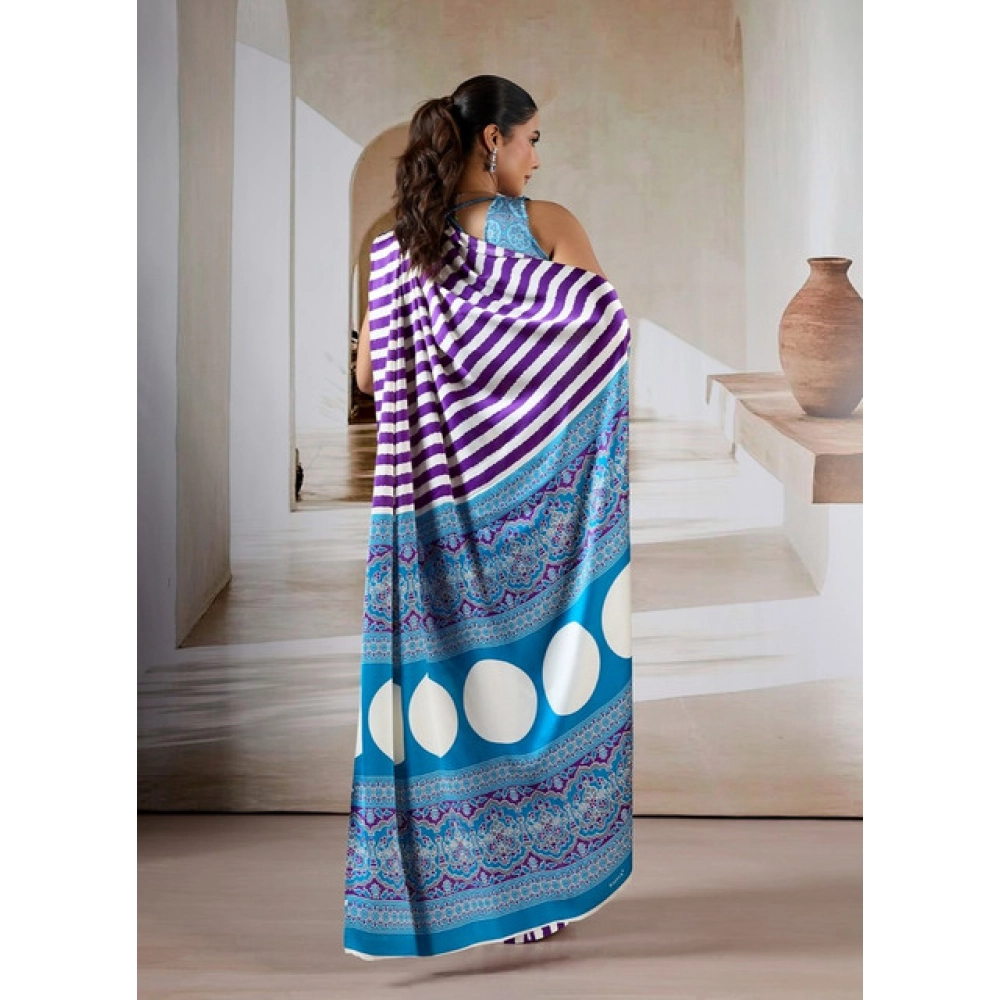 Generic Women's Satin Crepe Printed Saree With Unstitched Blouse 5.5Mtr (Purple) - Image 4