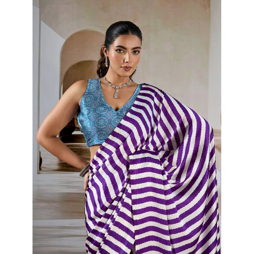 Generic Women's Satin Crepe Printed Saree With Unstitched Blouse 5.5Mtr (Purple) - Image 3