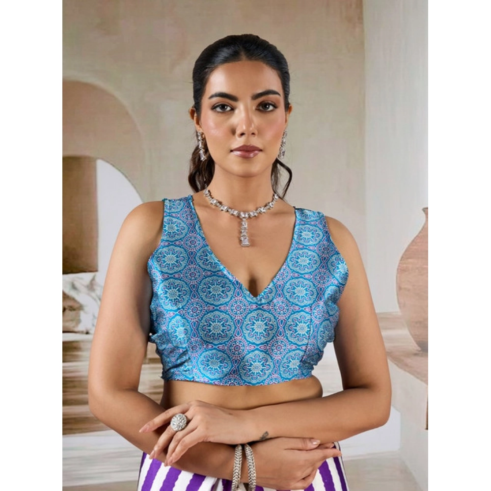 Generic Women's Satin Crepe Printed Saree With Unstitched Blouse 5.5Mtr (Purple) - Image 2