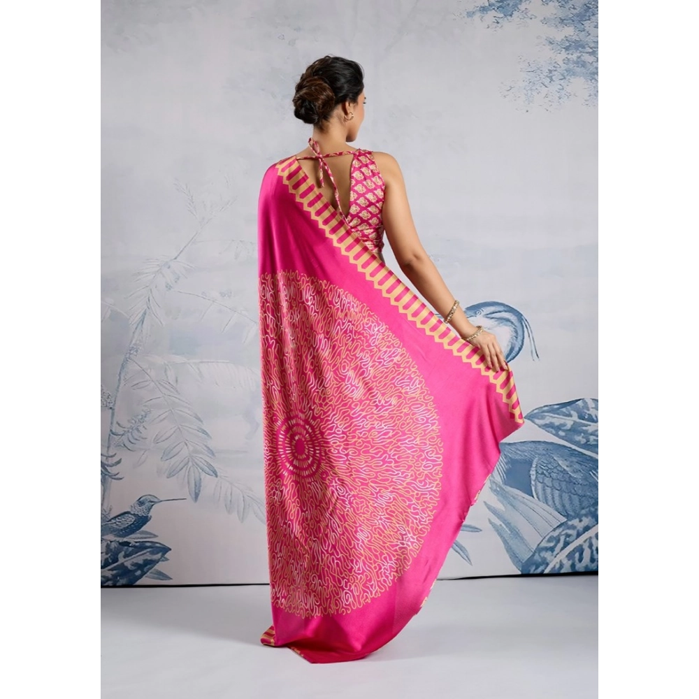 Generic Women's Satin Crepe Printed Saree With Unstitched Blouse 5.5Mtr (Pink) - Image 4