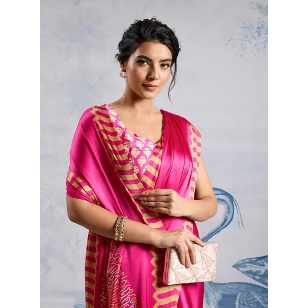 Generic Women's Satin Crepe Printed Saree With Unstitched Blouse 5.5Mtr (Pink) - Image 3