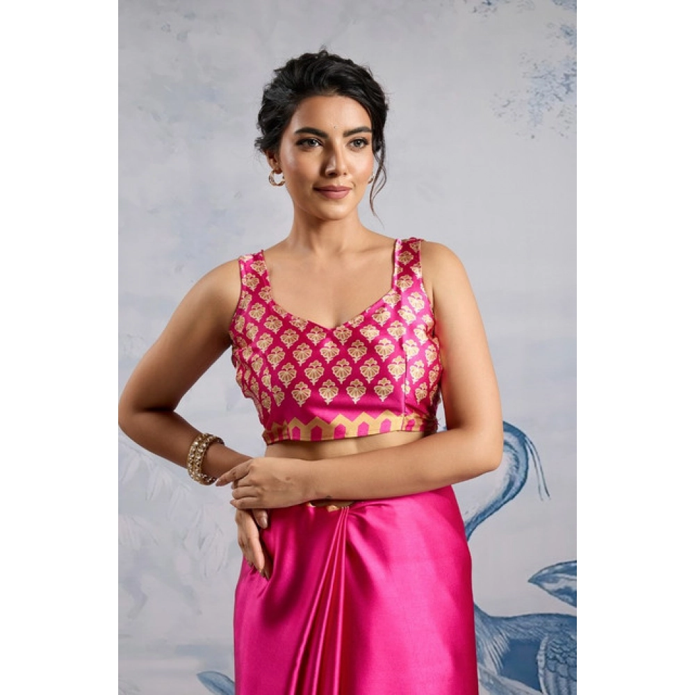 Generic Women's Satin Crepe Printed Saree With Unstitched Blouse 5.5Mtr (Pink) - Image 2