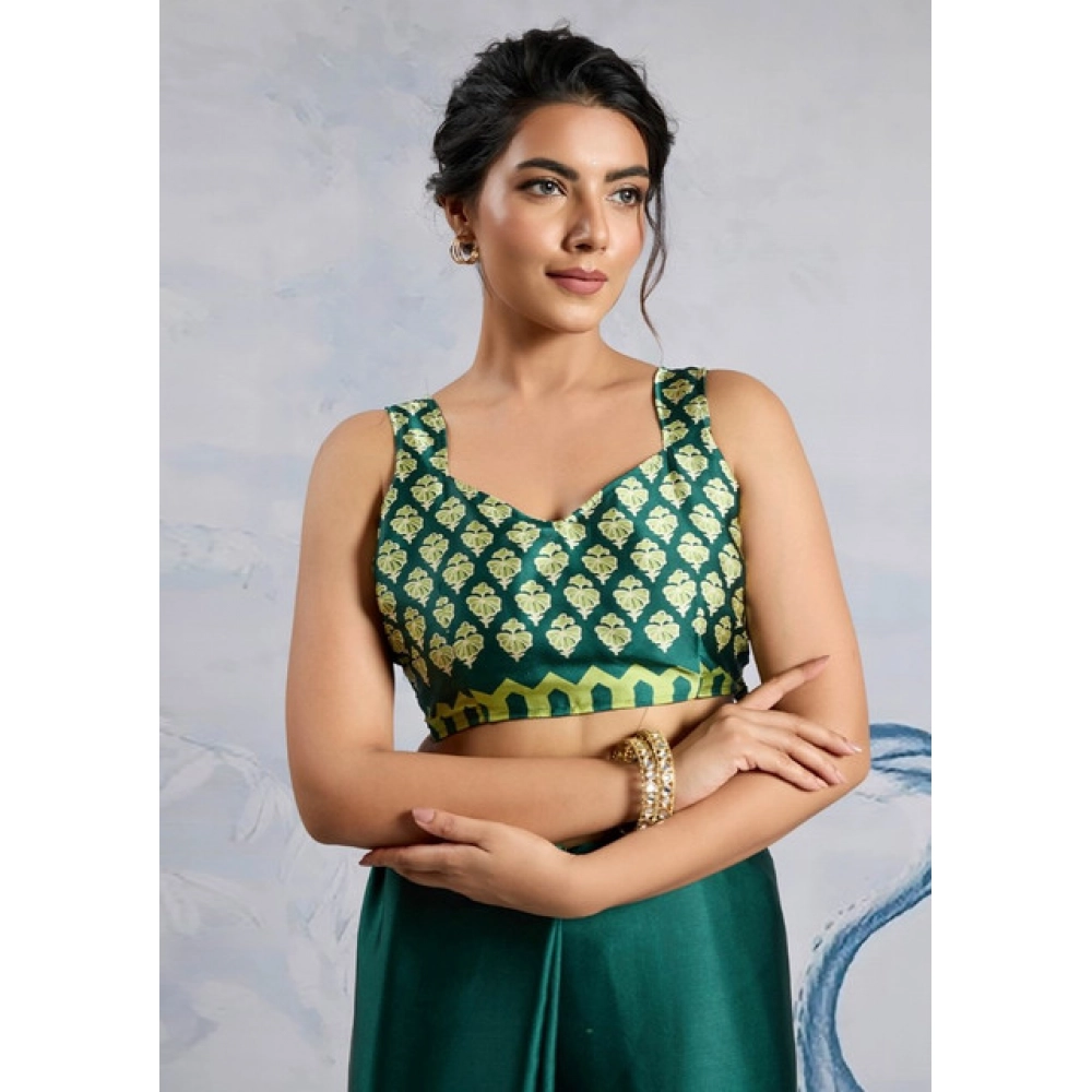 Generic Women's Satin Crepe Printed Saree With Unstitched Blouse 5.5Mtr (Green) - Image 2