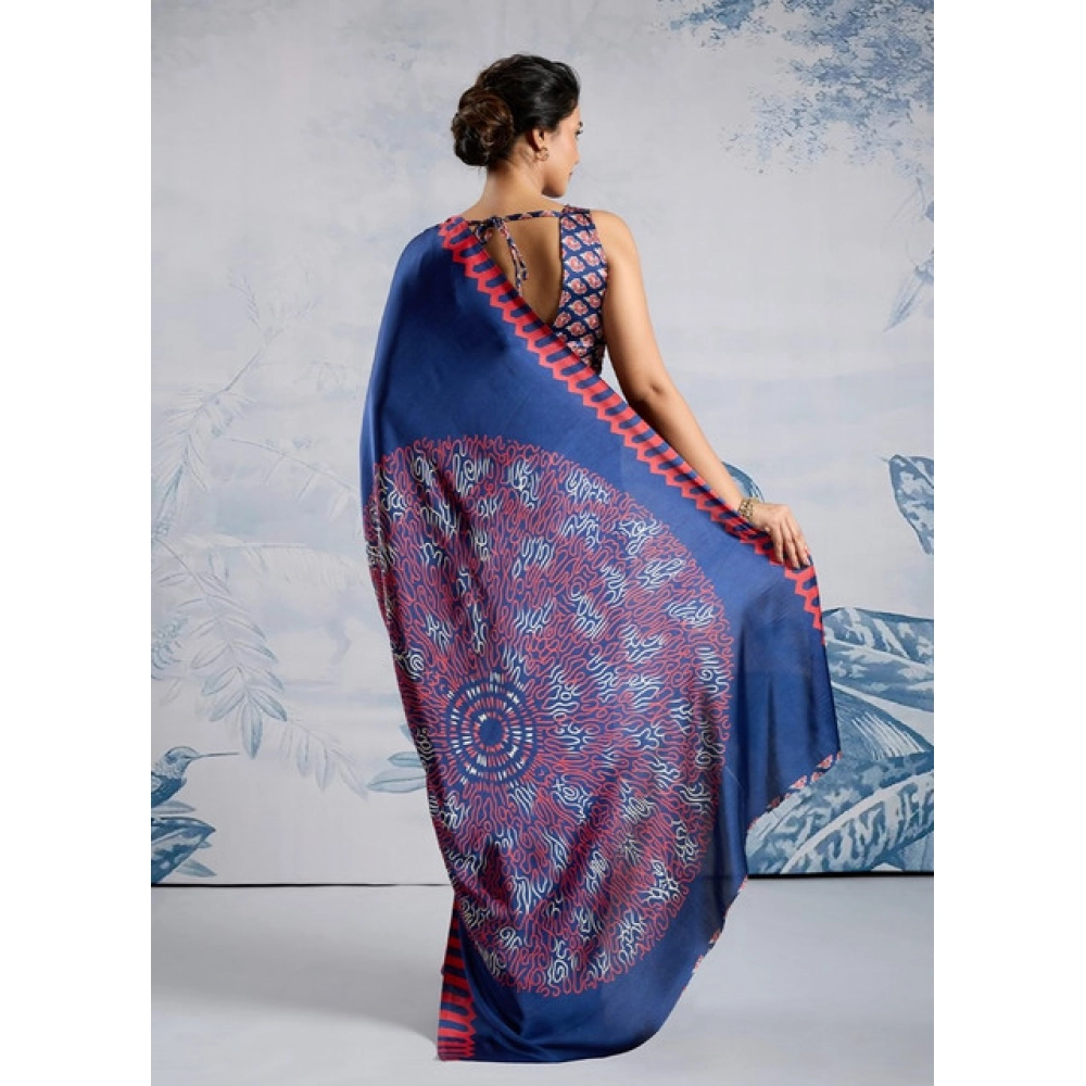 Generic Women's Satin Crepe Printed Saree With Unstitched Blouse 5.5Mtr (Blue) - Image 4