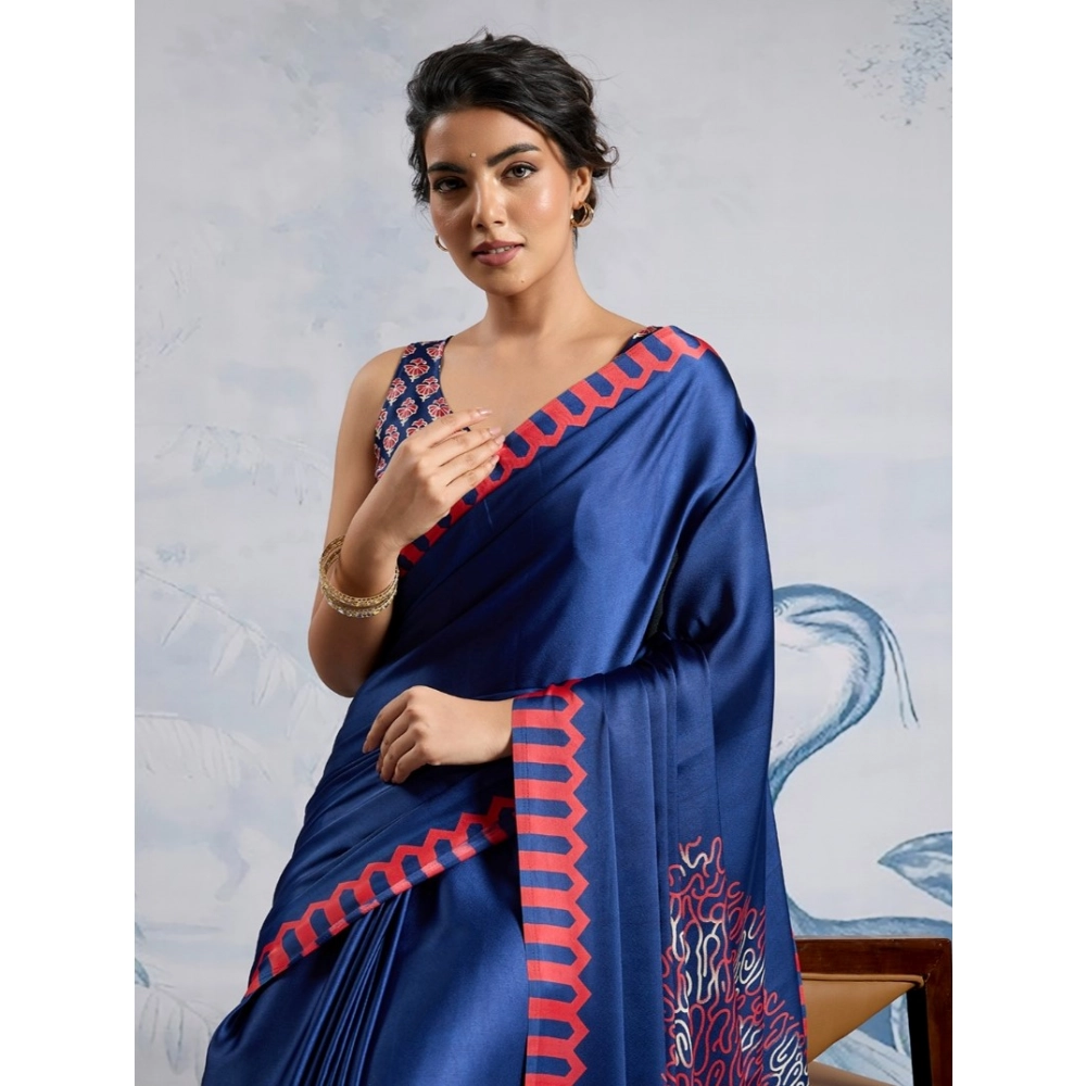 Generic Women's Satin Crepe Printed Saree With Unstitched Blouse 5.5Mtr (Blue) - Image 3