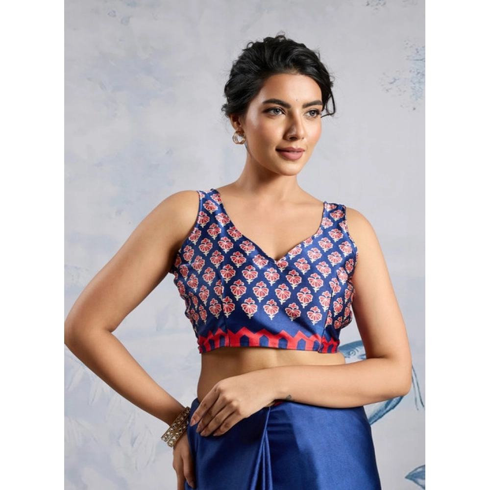 Generic Women's Satin Crepe Printed Saree With Unstitched Blouse 5.5Mtr (Blue) - Image 2