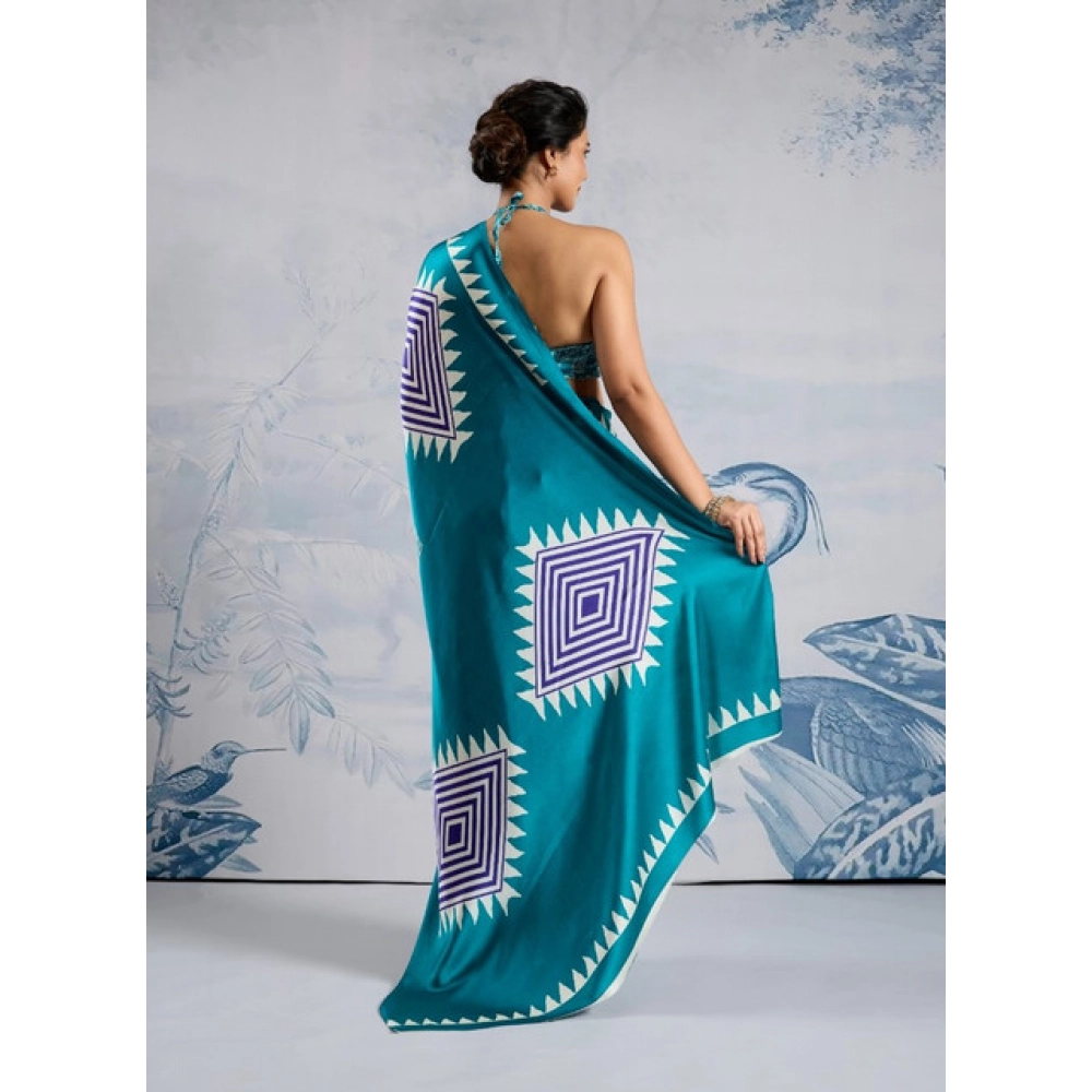 Generic Women's Satin Crepe Printed Saree With Unstitched Blouse 5.5Mtr (Rama Blue) - Image 4