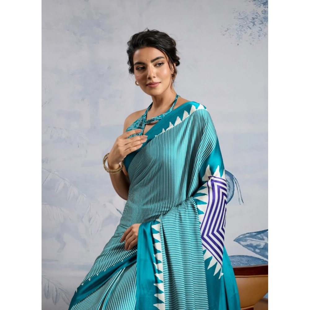 Generic Women's Satin Crepe Printed Saree With Unstitched Blouse 5.5Mtr (Rama Blue) - Image 3