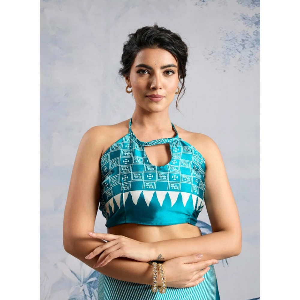 Generic Women's Satin Crepe Printed Saree With Unstitched Blouse 5.5Mtr (Rama Blue) - Image 2