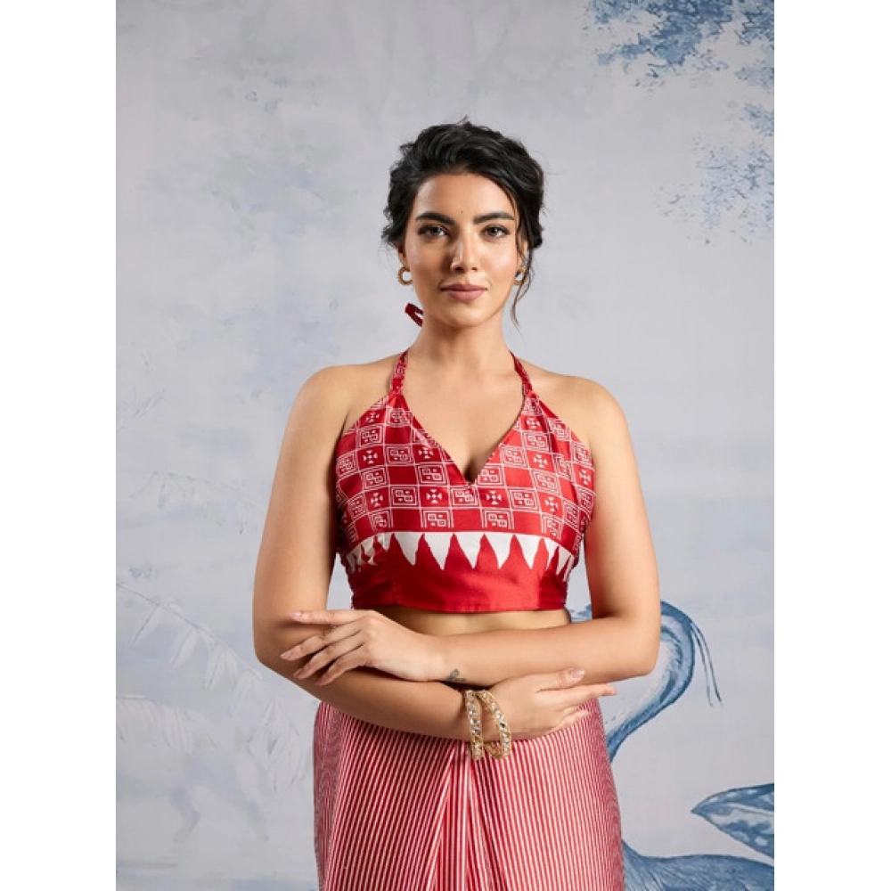Generic Women's Satin Crepe Printed Saree With Unstitched Blouse 5.5Mtr (Red) - Image 2