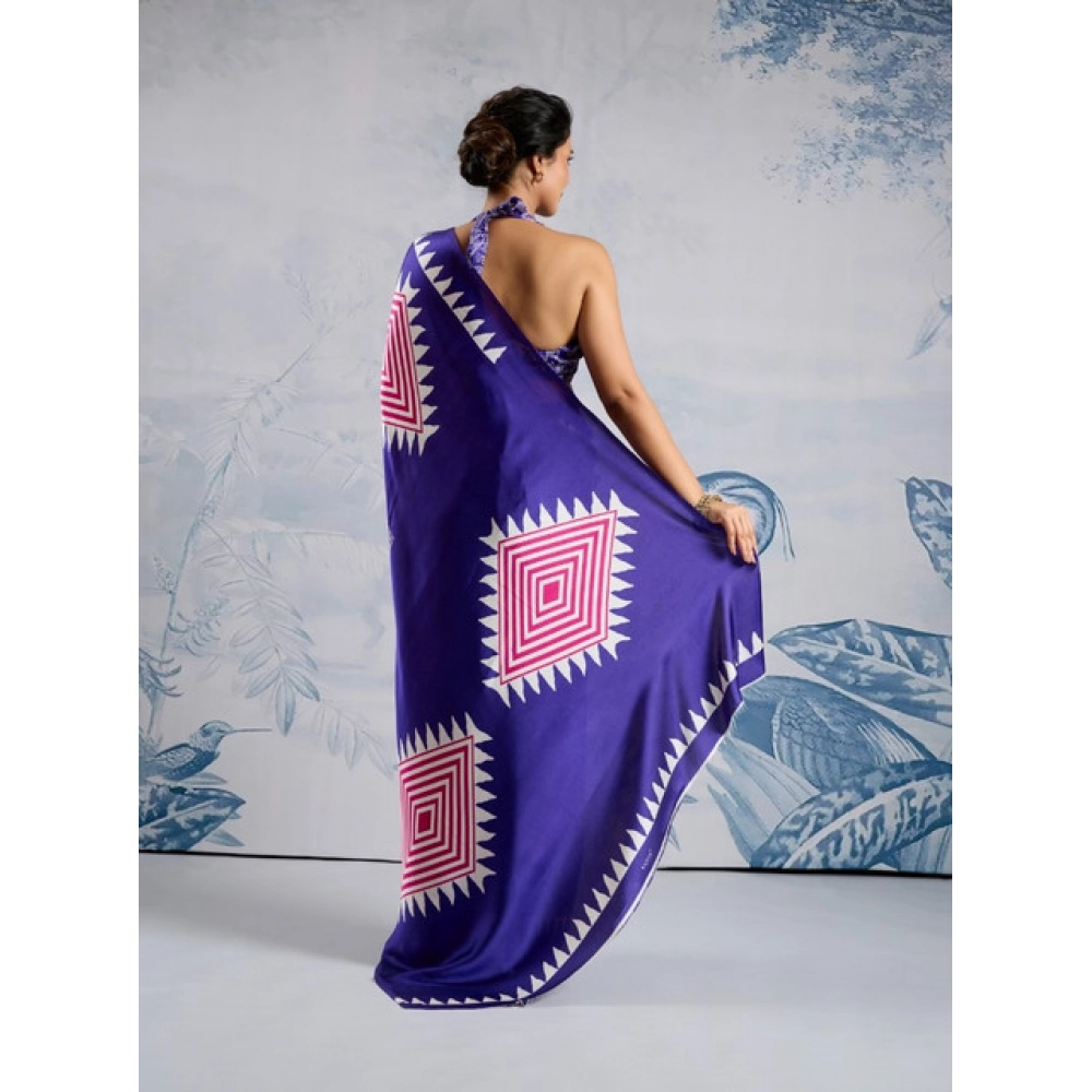Generic Women's Satin Crepe Printed Saree With Unstitched Blouse 5.5Mtr (Purple) - Image 4