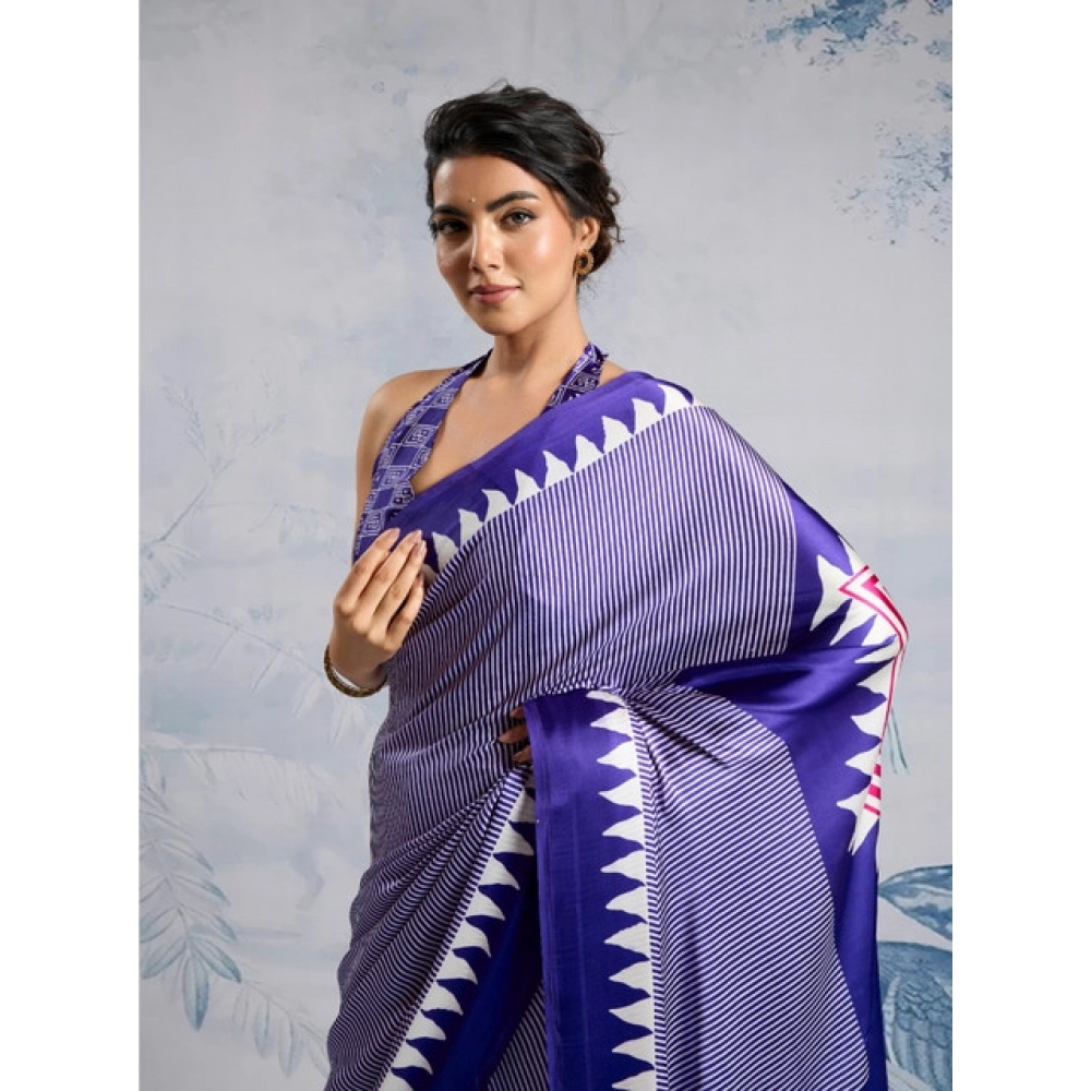 Generic Women's Satin Crepe Printed Saree With Unstitched Blouse 5.5Mtr (Purple) - Image 3