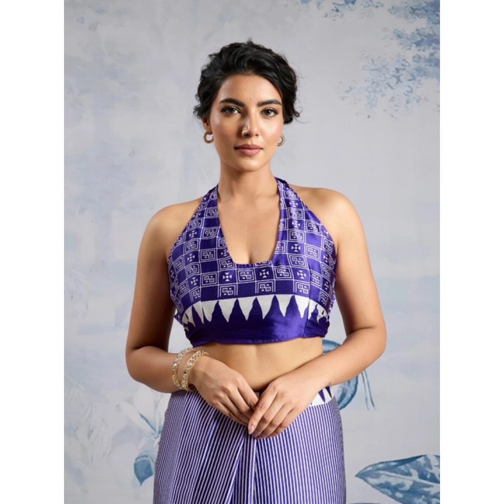 Generic Women's Satin Crepe Printed Saree With Unstitched Blouse 5.5Mtr (Purple) - Image 2