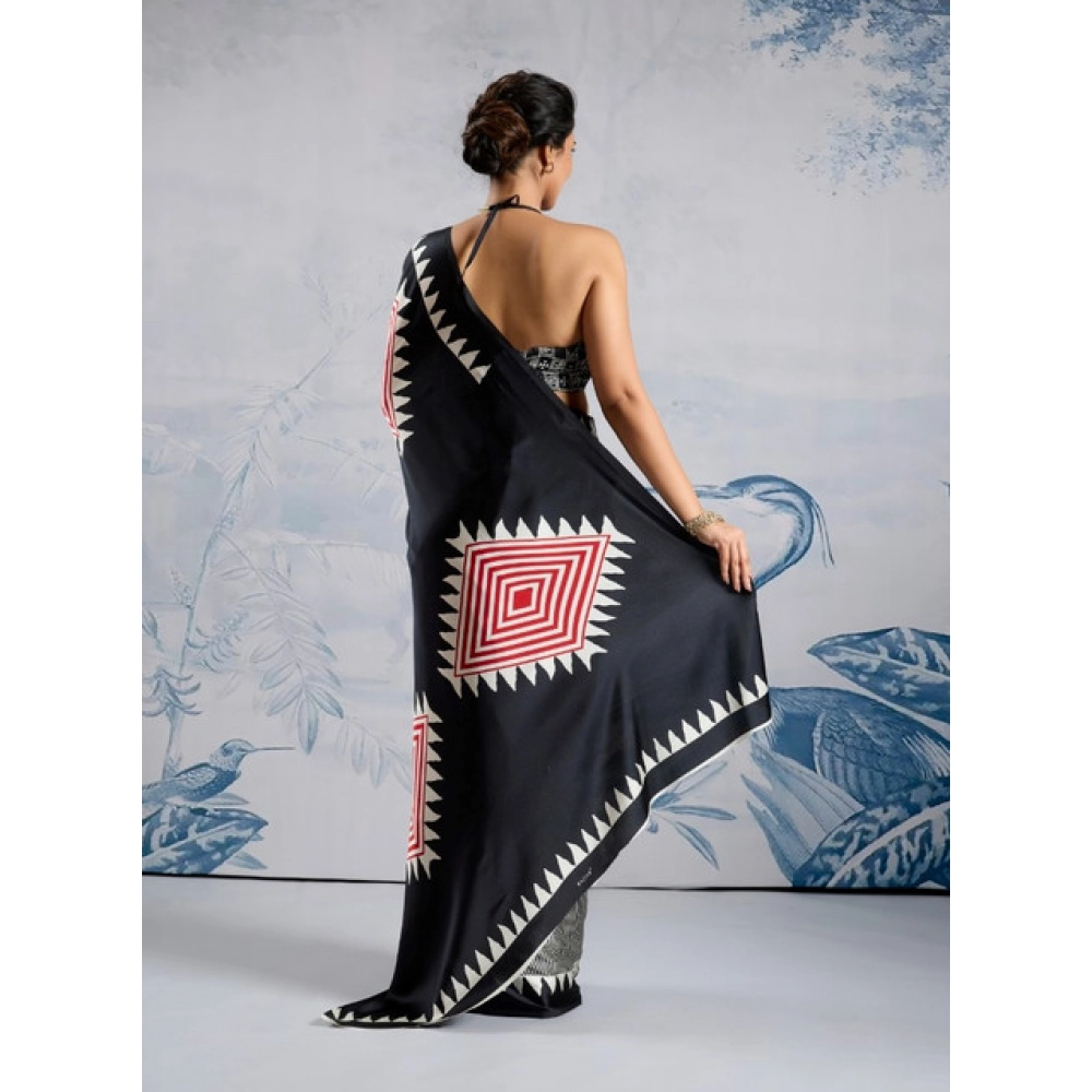 Generic Women's Satin Crepe Printed Saree With Unstitched Blouse 5.5Mtr (Black) - Image 4