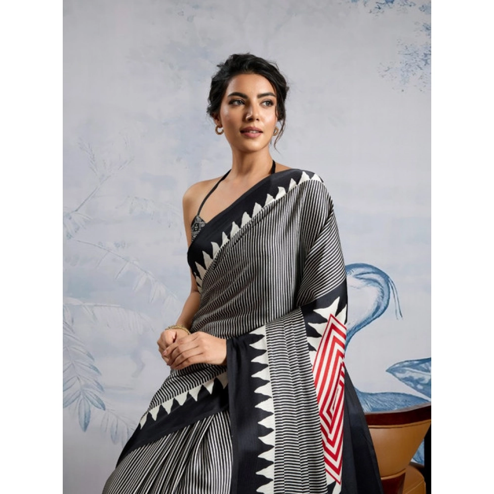 Generic Women's Satin Crepe Printed Saree With Unstitched Blouse 5.5Mtr (Black) - Image 3