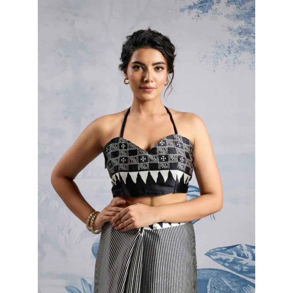 Generic Women's Satin Crepe Printed Saree With Unstitched Blouse 5.5Mtr (Black) - Image 2
