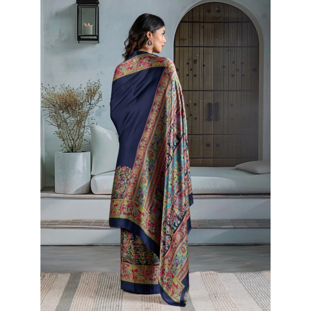 Generic Women's Satin Crepe Printed Saree With Unstitched Blouse 5.5Mtr (Navy Blue) - Image 4