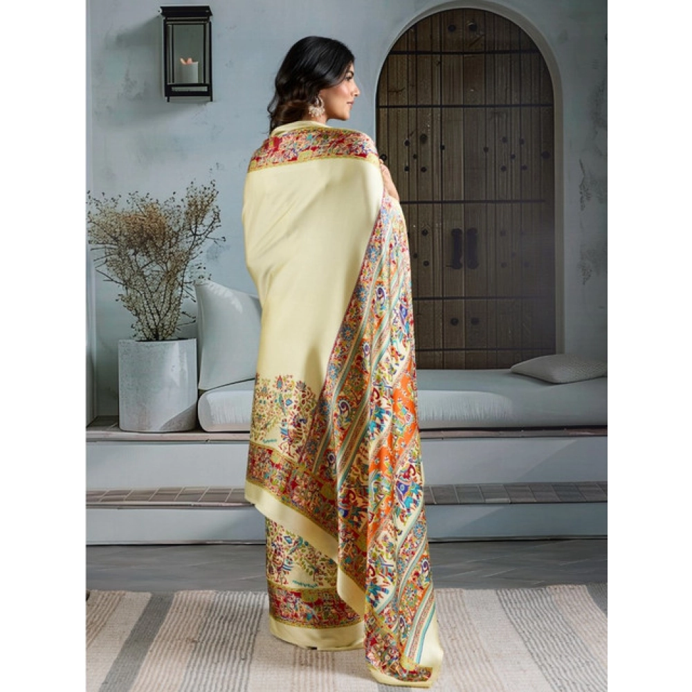 Generic Women's Satin Crepe Printed Saree With Unstitched Blouse 5.5Mtr (Cream) - Image 4