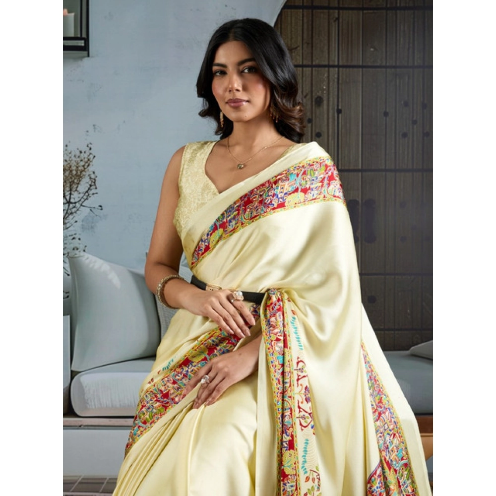 Generic Women's Satin Crepe Printed Saree With Unstitched Blouse 5.5Mtr (Cream) - Image 3