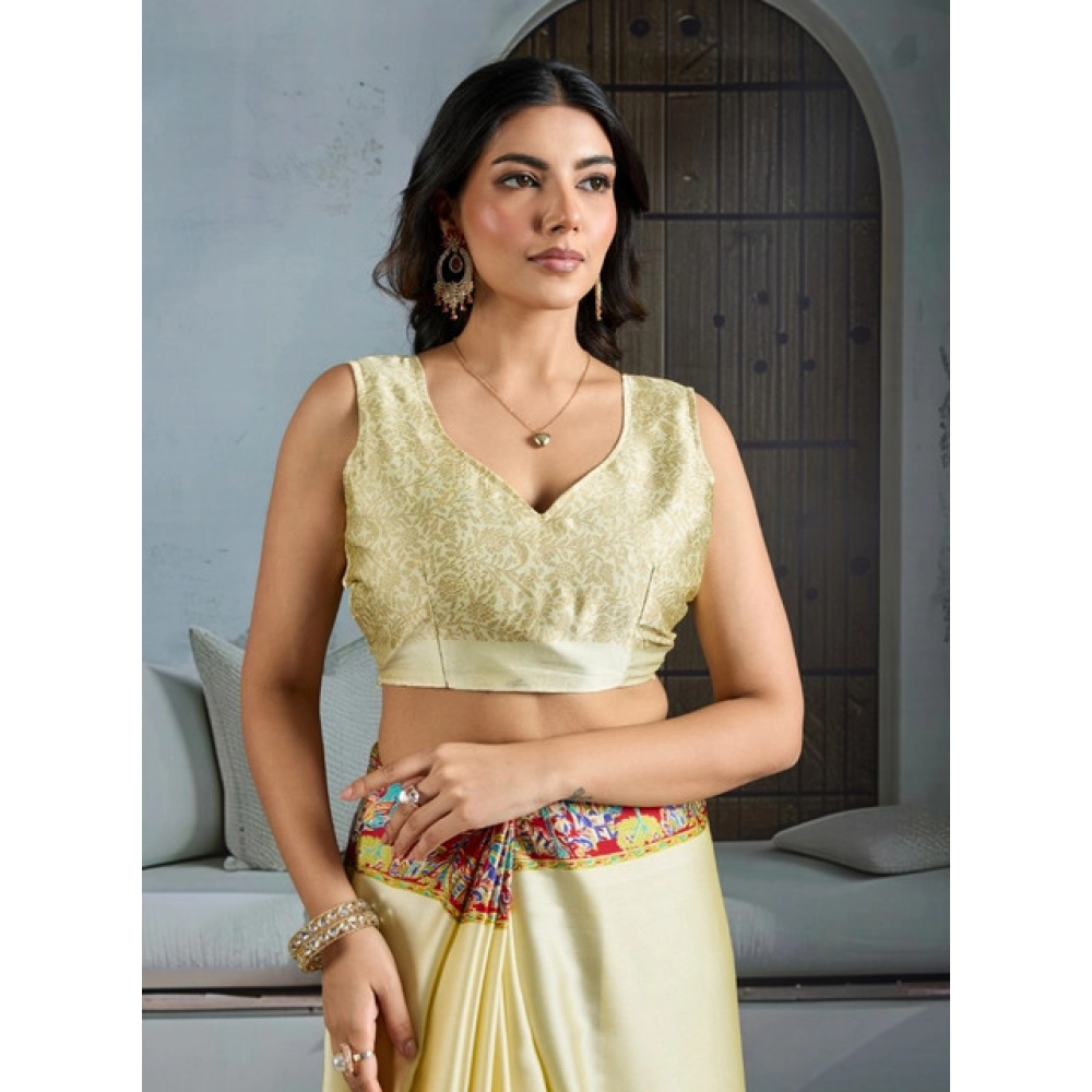 Generic Women's Satin Crepe Printed Saree With Unstitched Blouse 5.5Mtr (Cream) - Image 2