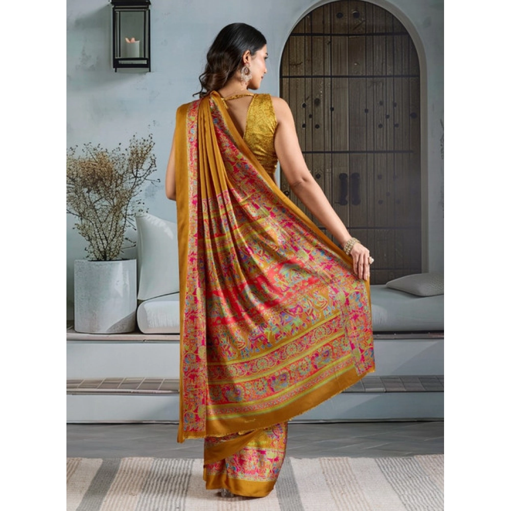 Generic Women's Satin Crepe Printed Saree With Unstitched Blouse 5.5Mtr (Mustard) - Image 4