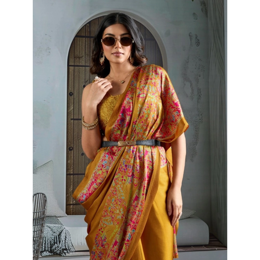 Generic Women's Satin Crepe Printed Saree With Unstitched Blouse 5.5Mtr (Mustard) - Image 3