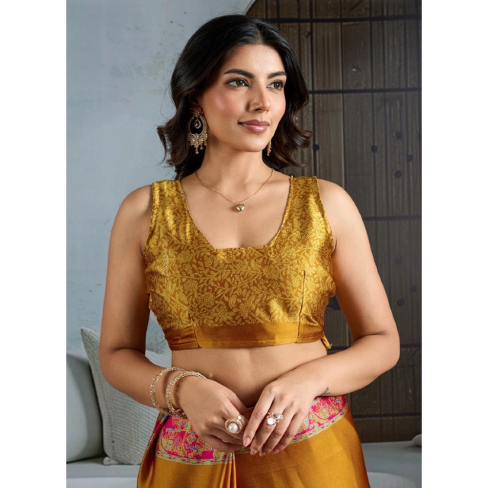 Generic Women's Satin Crepe Printed Saree With Unstitched Blouse 5.5Mtr (Mustard) - Image 2