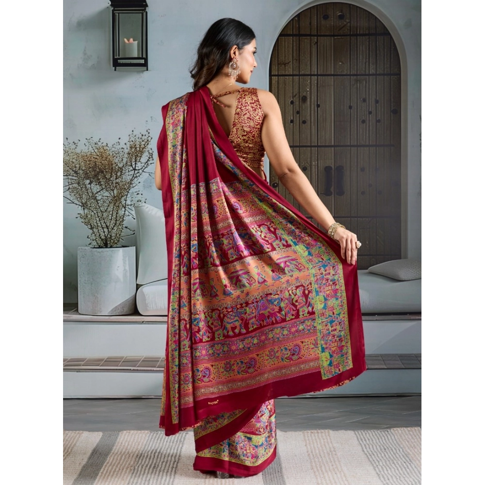 Generic Women's Satin Crepe Printed Saree With Unstitched Blouse 5.5Mtr (Maroon) - Image 4
