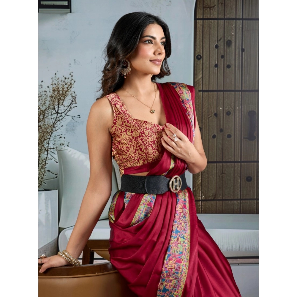 Generic Women's Satin Crepe Printed Saree With Unstitched Blouse 5.5Mtr (Maroon) - Image 3