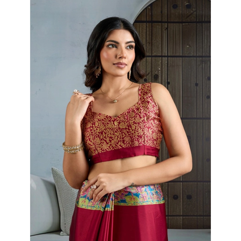Generic Women's Satin Crepe Printed Saree With Unstitched Blouse 5.5Mtr (Maroon) - Image 2