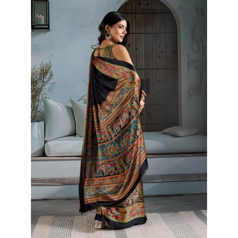 Generic Women's Satin Crepe Printed Saree With Unstitched Blouse 5.5Mtr (Blue) - Image 4