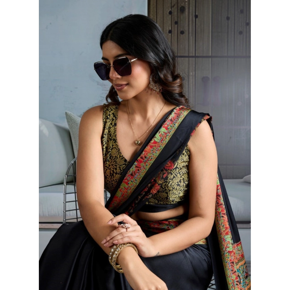 Generic Women's Satin Crepe Printed Saree With Unstitched Blouse 5.5Mtr (Blue) - Image 3