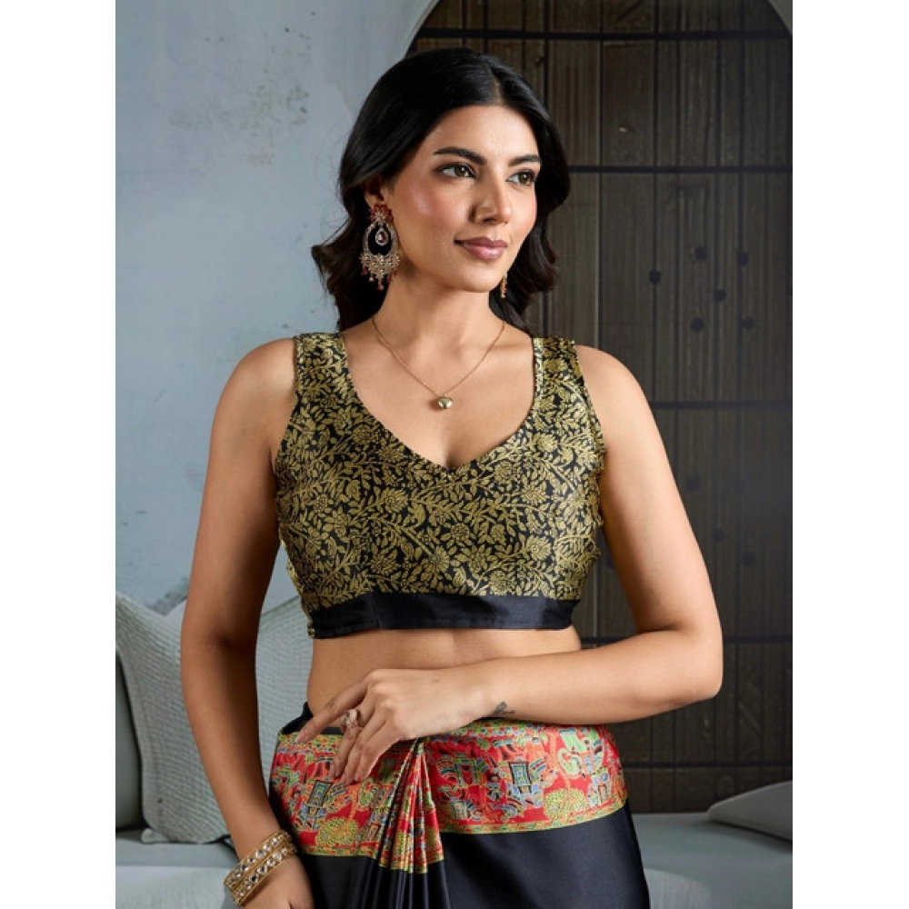Generic Women's Satin Crepe Printed Saree With Unstitched Blouse 5.5Mtr (Blue) - Image 2