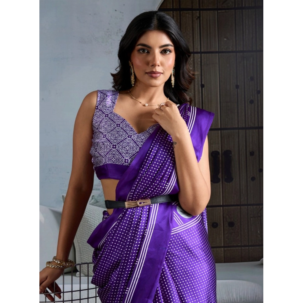 Generic Women's Satin Crepe Printed Saree With Unstitched Blouse 5.5Mtr (Purple) - Image 3