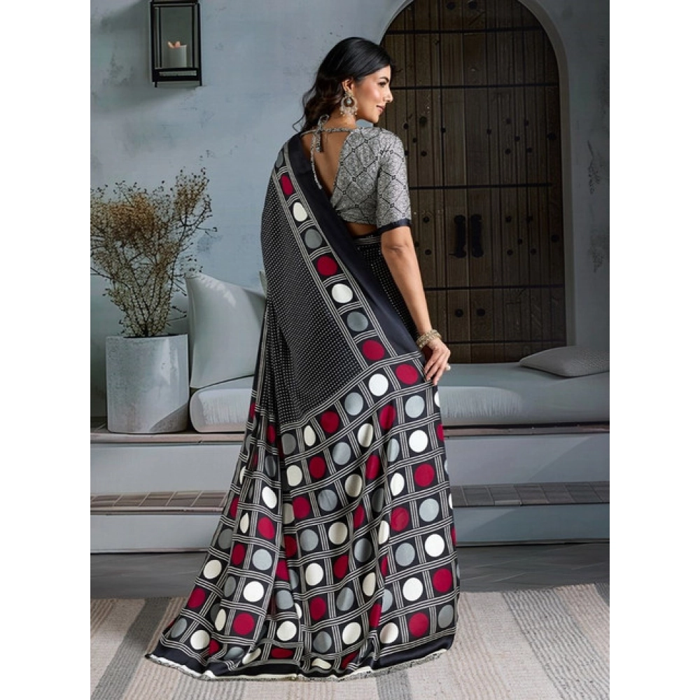 Generic Women's Satin Crepe Printed Saree With Unstitched Blouse 5.5Mtr (Black) - Image 4